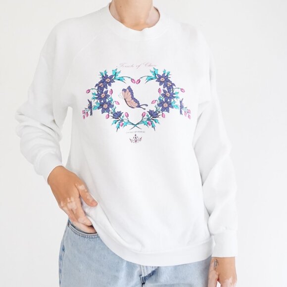 Vintage Fruit of Loom White Cottagecore Floral Crewneck Sweatshirt L - Picture 1 of 9